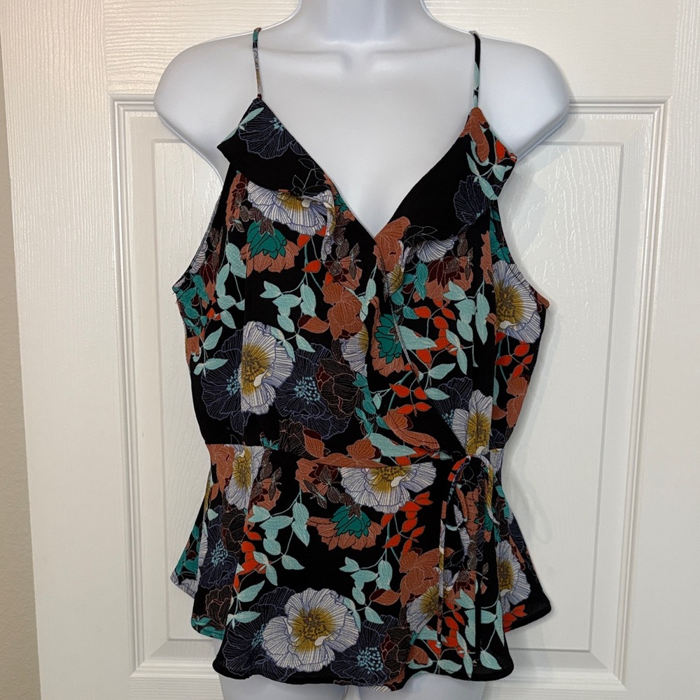 Monteau Los Angeles Floral Wrap Top Black and Multicolor Sleeveless Size XL